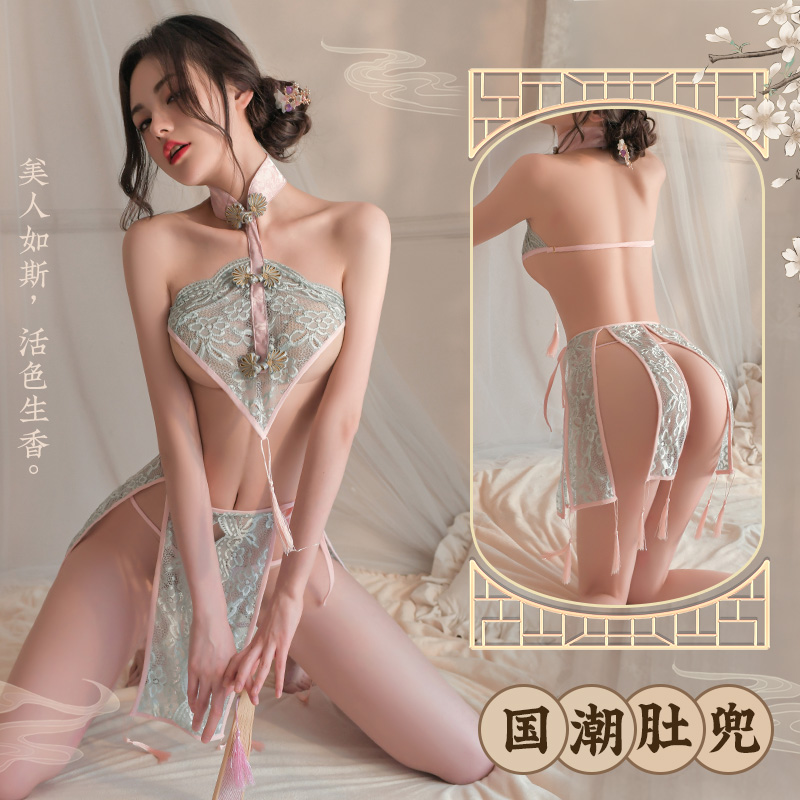 霏慕 蕾丝肚兜流苏复古分片裙 灰绿+粉(货号:Q75788)